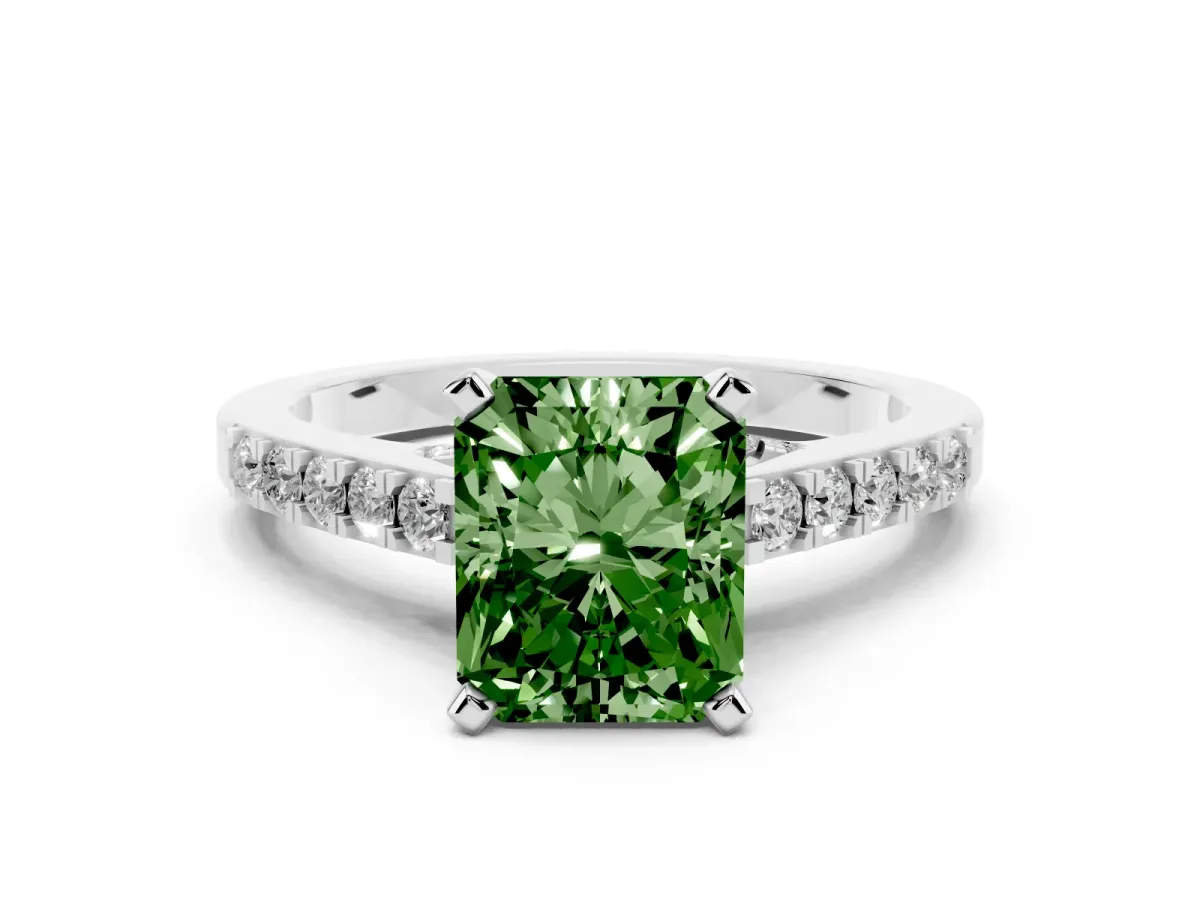 Fancy Green Radiant Cut Diamond Solitaire Ring with Crossover Gallery and Round Pavé Band White gold