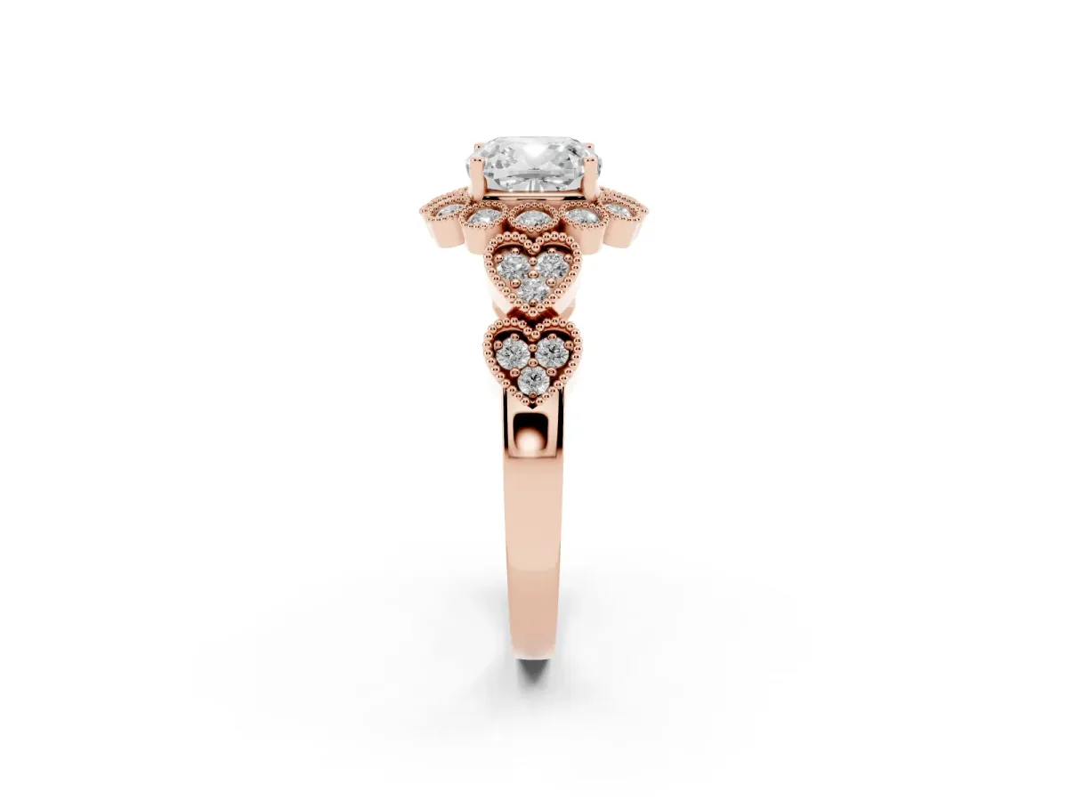 Cushion Cut Brilliant Milgrain Pave Heart Band Solitaire Ring Rose gold