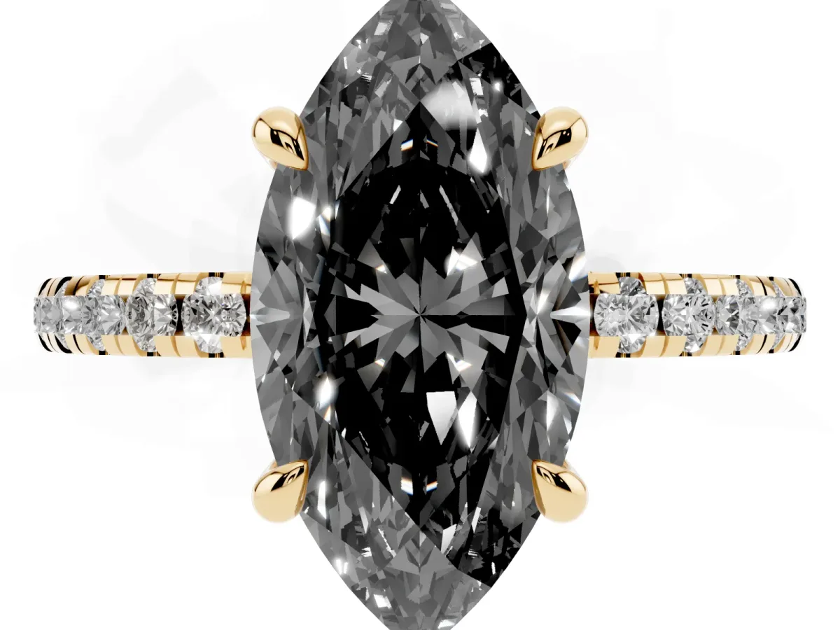 Fancy Black Marquise Cut Diamond Brilliant Solitaire Ring with Pavé Band and Four-Prong Setting Yellow gold