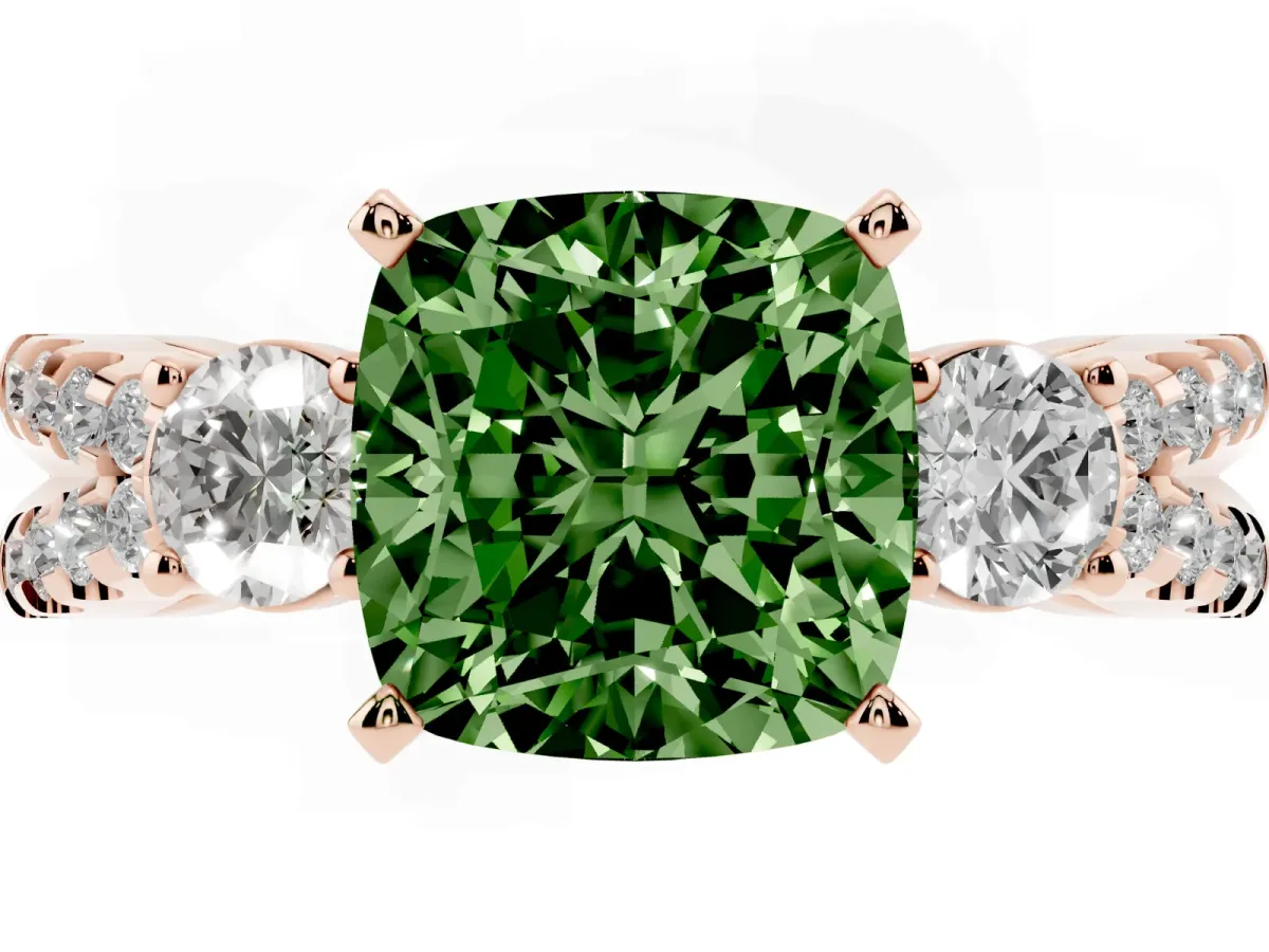 Fancy Green Cushion Cut Diamond Three-Stone Ring with Pavé Split Shank and Four-Prong Setting Rose gold