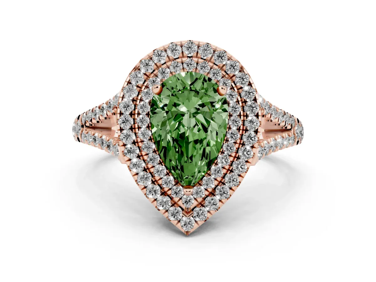 Fancy Green Pear Cut Diamond Double Halo Ring with Pavé Band and Prong Setting Rose gold
