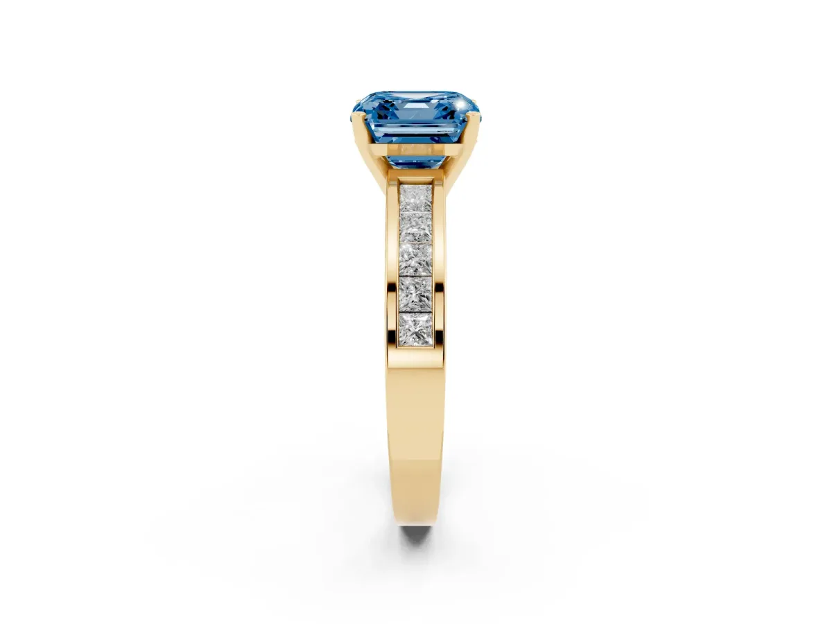 Fancy Blue Asscher Cut Solitaire Diamond Ring with Channel-Set Band and Four-Prong Setting Yellow gold