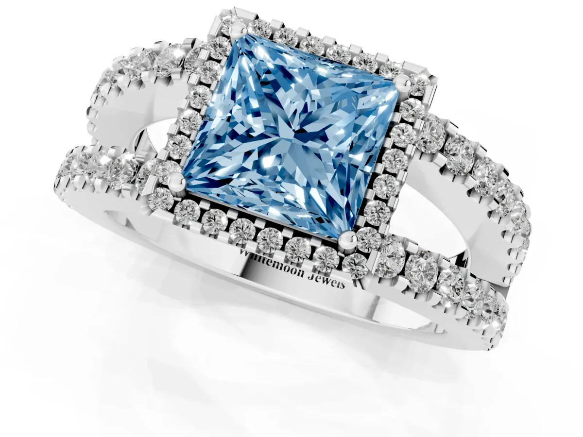 Fancy Blue Princess Cut Cut Halo Split Shank Diamond Ring with Four-Prong Setting Silver