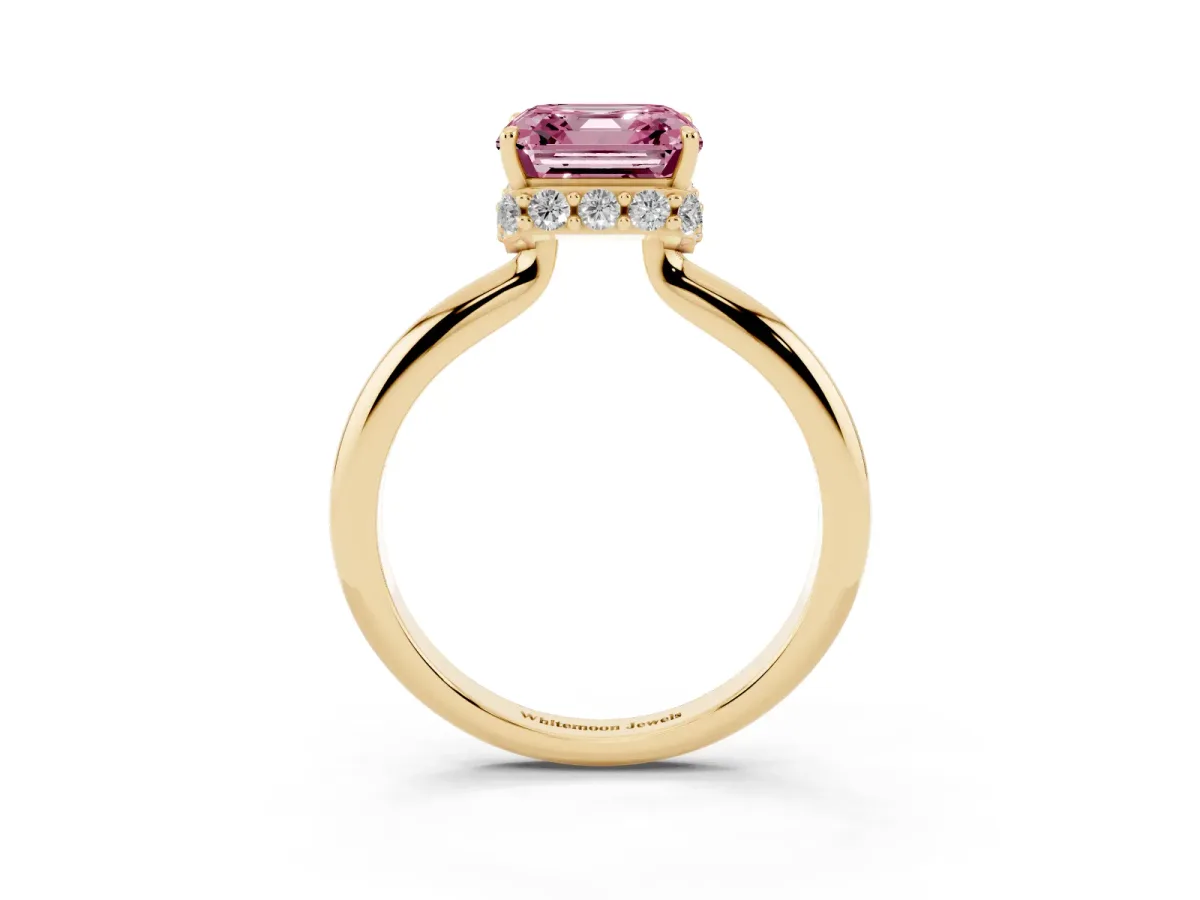Fancy Pink Asscher Cut Brilliant Solitaire Engagement Ring with Six-Prong Setting and Classic Band Yellow gold
