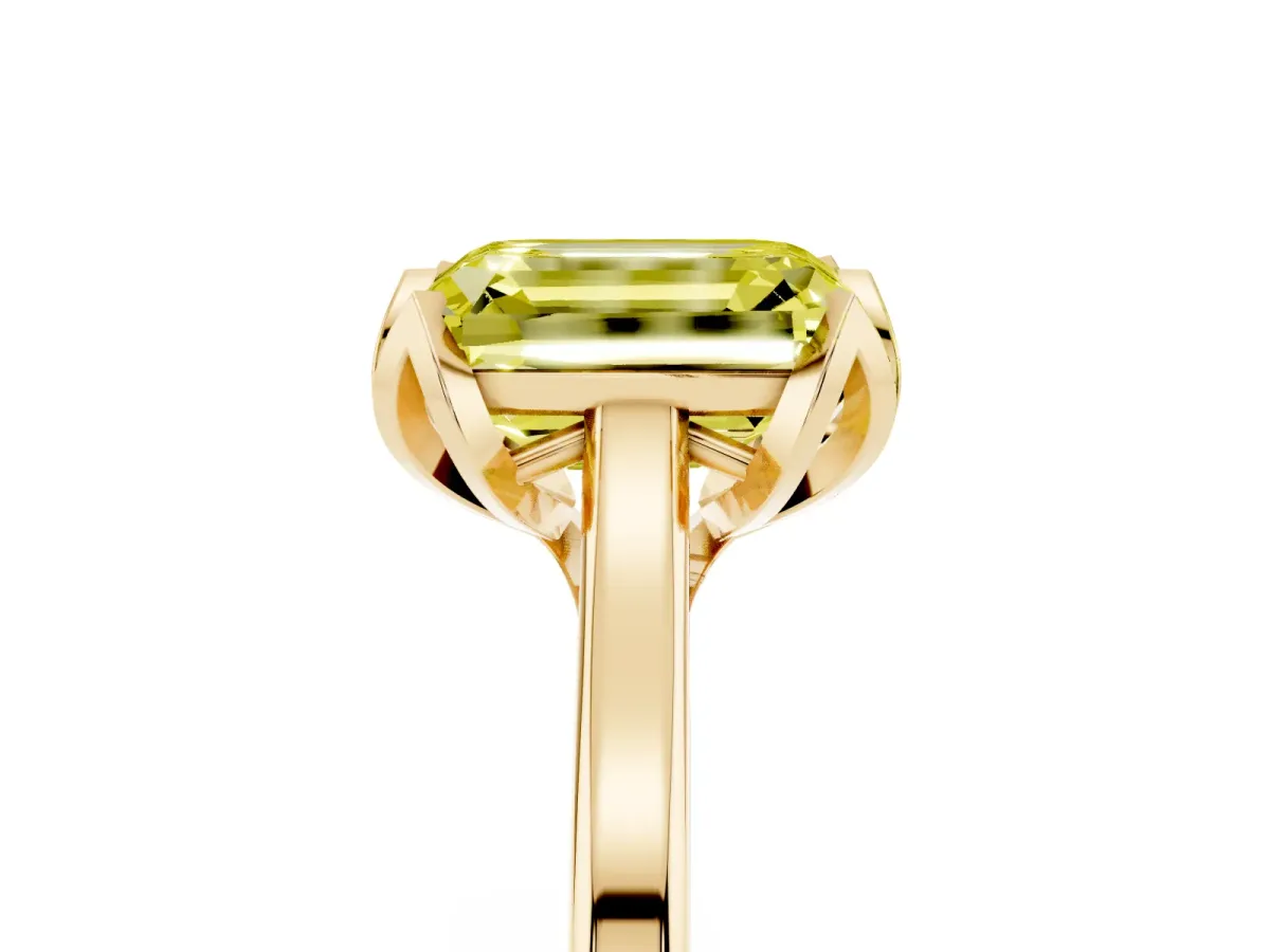 Fancy Yellow Emerald Cut Diamond Solitaire Ring with Flower Prong Setting and Classic Band Yellow gold