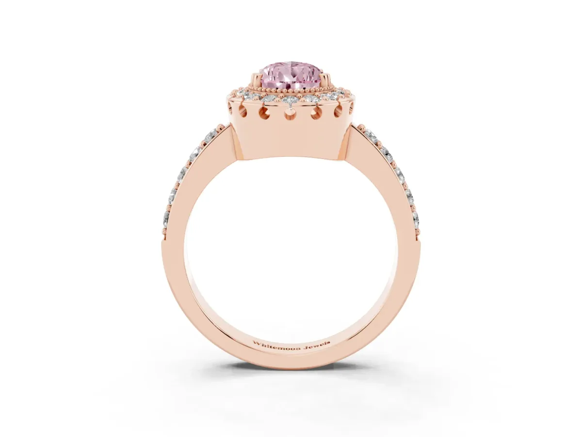 Fancy Pink Pear Cut Diamond Halo Ring with Pavé Band and Prong Setting Rose gold