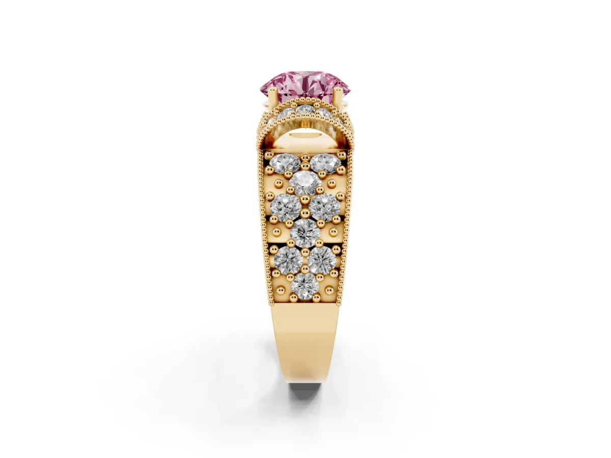 Fancy Pink Round Cut Halo Pave Diamond Engagement Ring with Milgrain Detailing Yellow gold