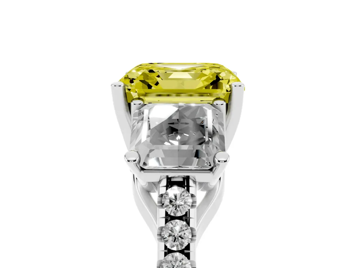 Fancy Yellow Three-Stone Asscher Cut Diamond Ring with Round Pavé Band and Prong Setting Silver