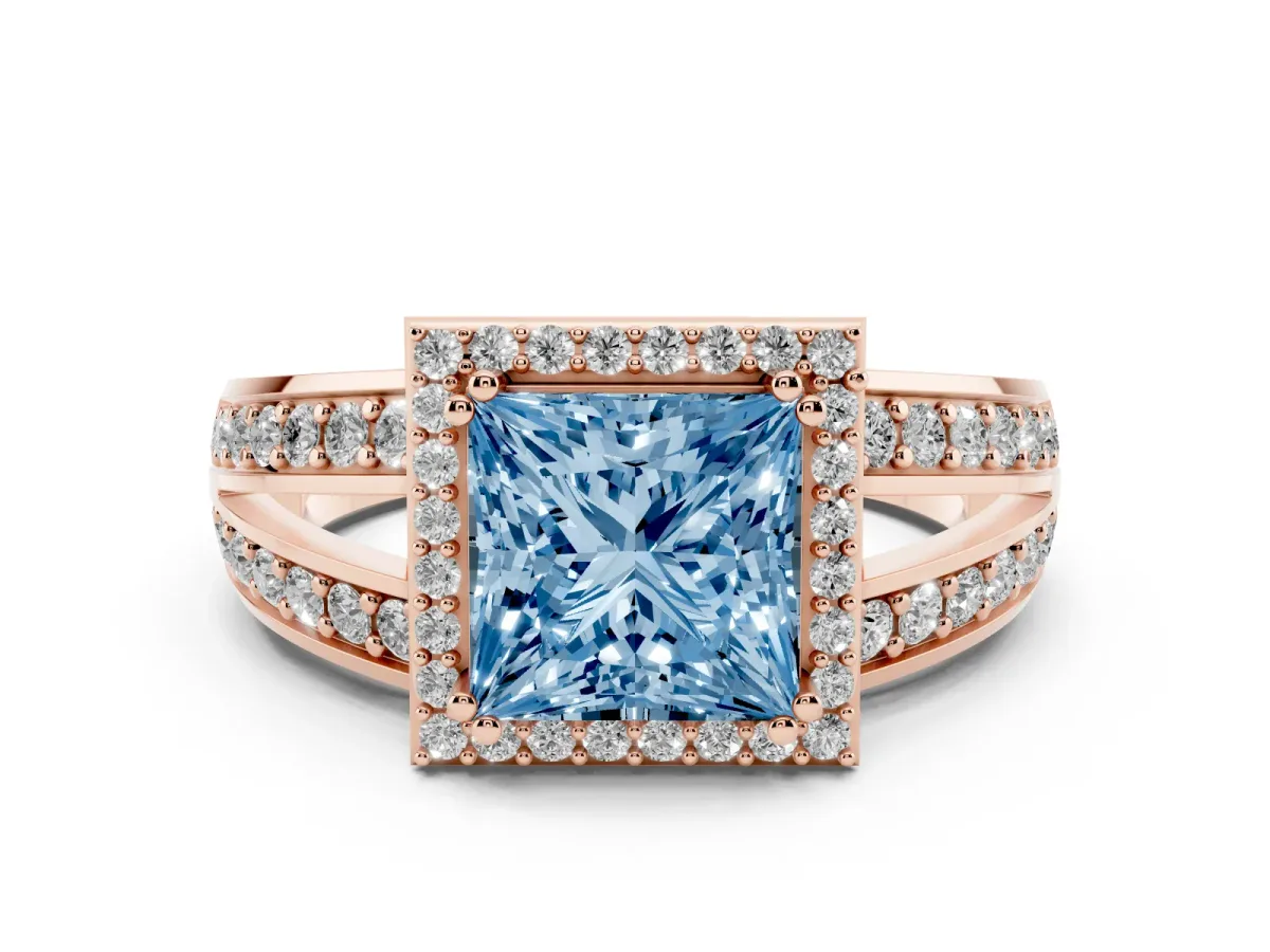 Fancy Blue Princess Cut Diamond Halo Ring with Split Shank Pavé Band and Four-Prong Setting Rose gold