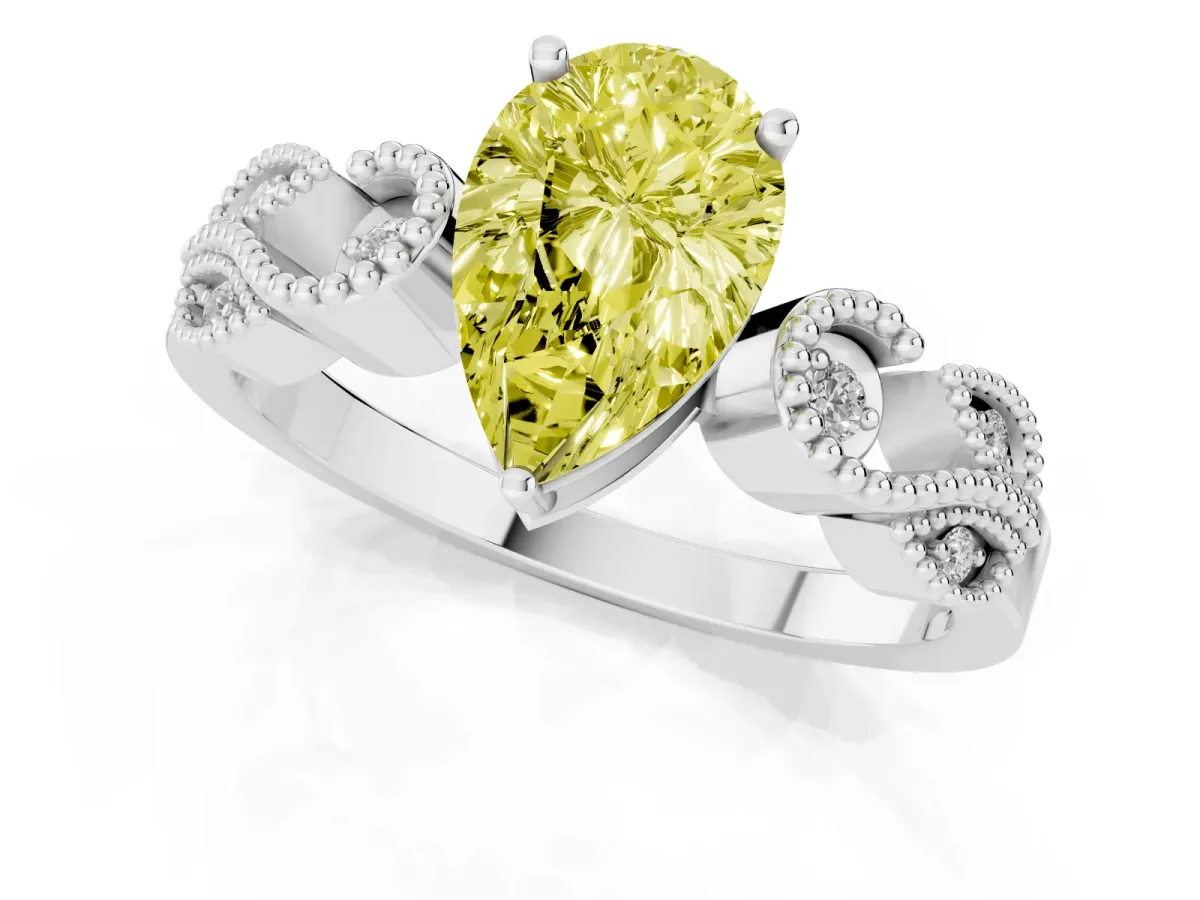 Fancy Yellow Pear Cut Solitaire Milgrain Leaf Band with Prong Setting White gold