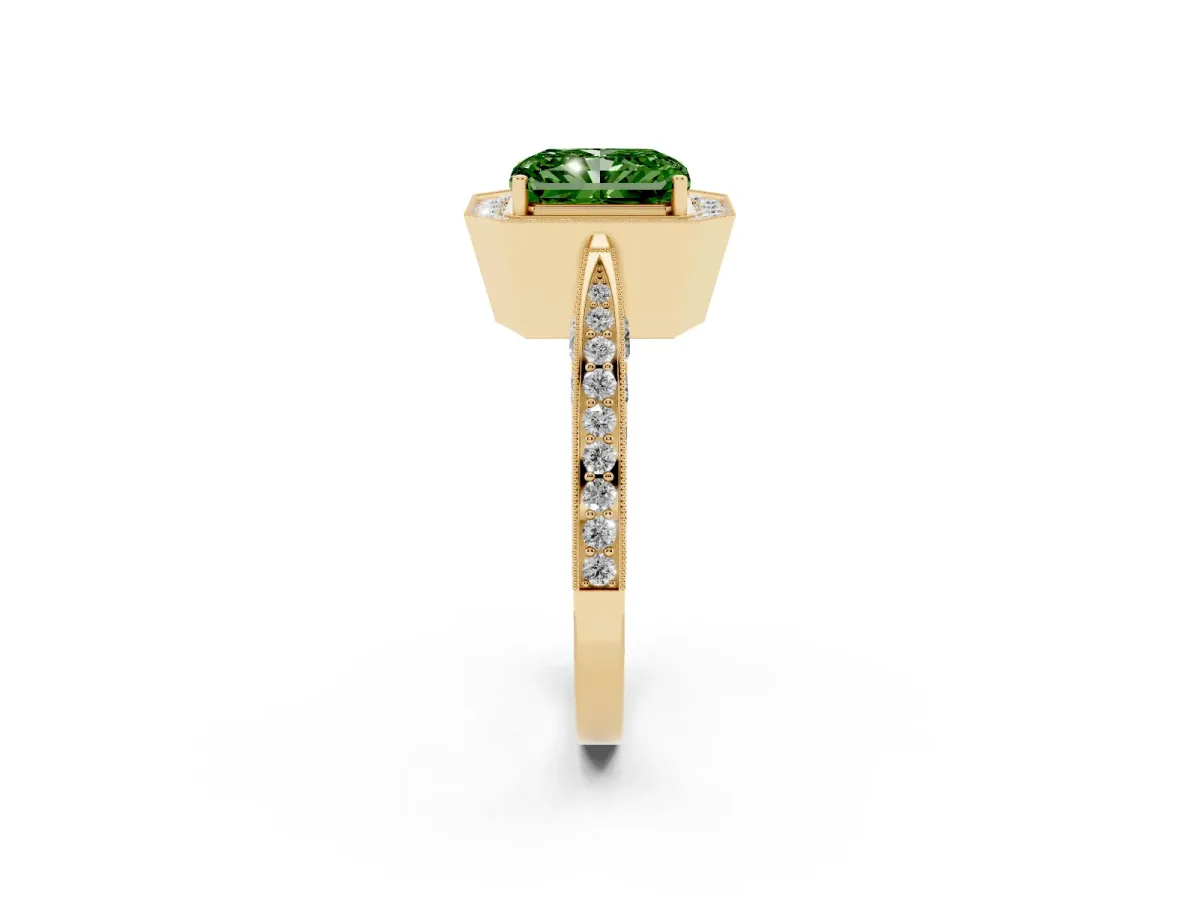 Fancy Green Radiant Cut Halo Diamond Engagement Ring with Split Shank Band and Four-Prong Setting Yellow gold