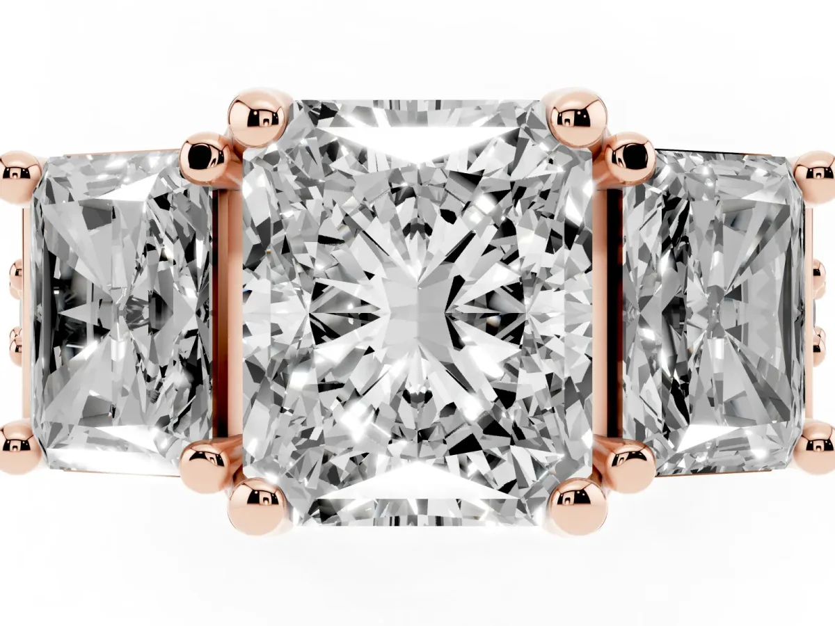 Radiant Cut Diamond Three-Stone Ring with Channel Set Band and Four-Prong Setting Rose gold
