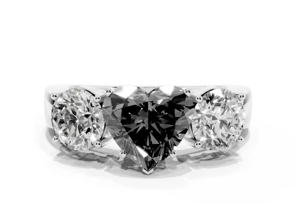 Fancy Black Three-Stone Heart Cut Diamond Ring with Round Side Stones, Classic Band, and Four-Prong Setting White gold