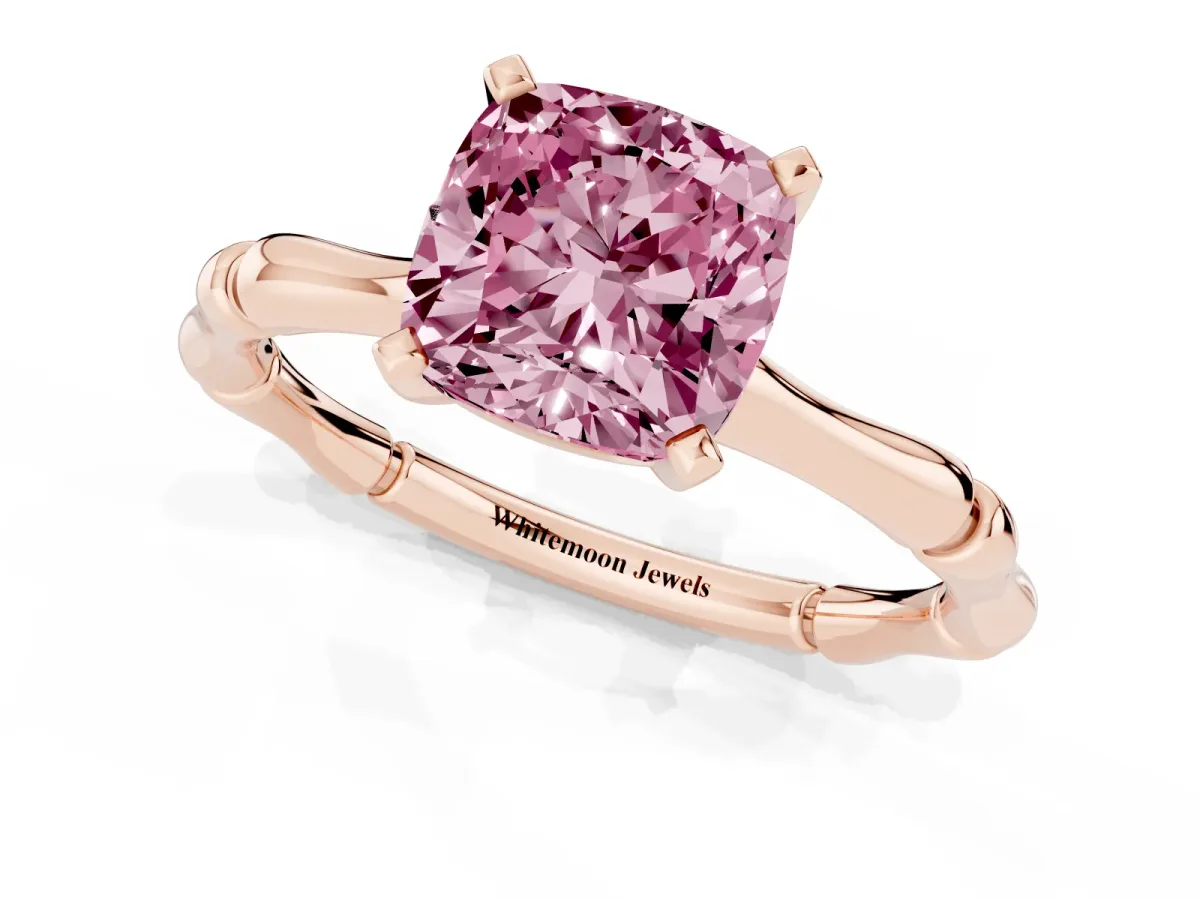 Fancy Pink Cushion Cut Solitaire Diamond Ring with Bamboo Band and Four-Prong Setting Rose gold