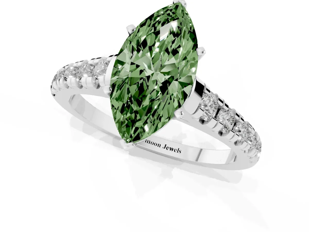 Fancy Green Marquise Cut Diamond Cathedral Solitaire Ring with Round Pavé Band Silver