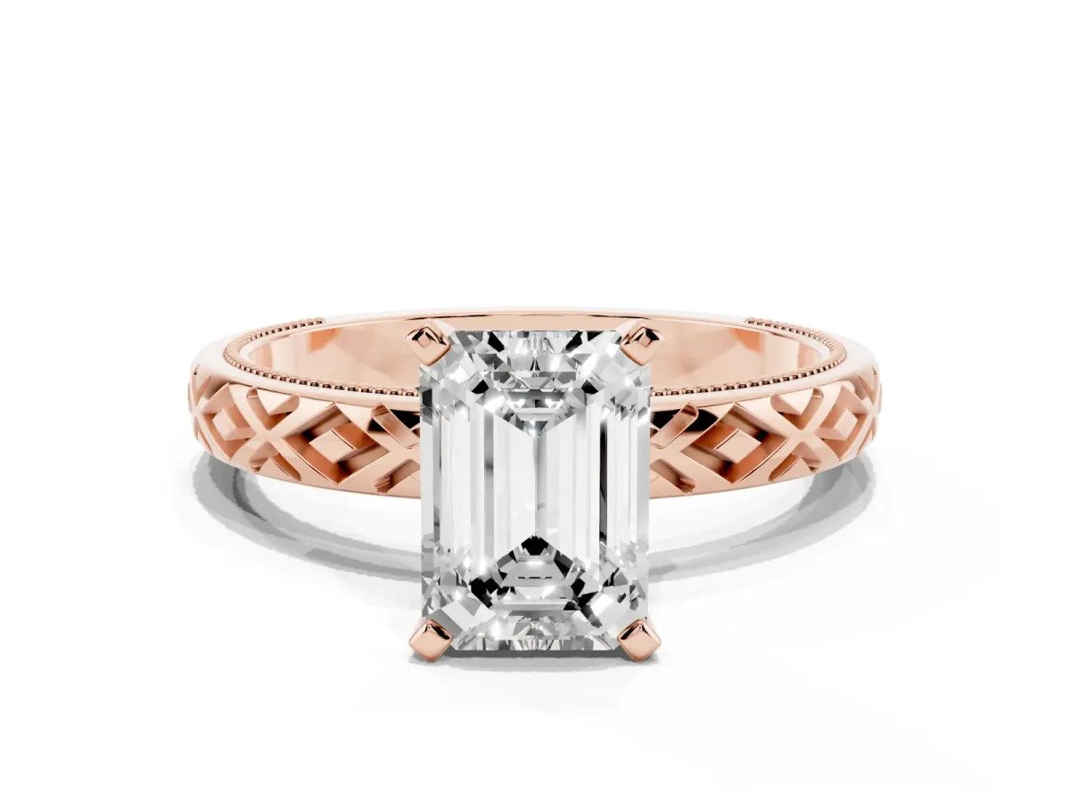 Emerald Cut Solitaire Diamond Ring with Milgrain and Black Enamel X Pattern Band Rose gold