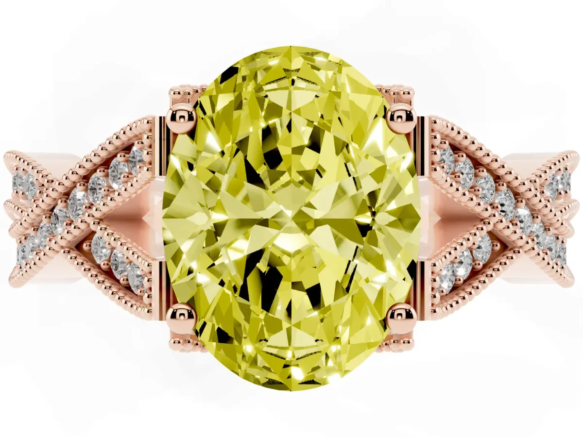 Fancy Yellow Oval Cut Cut Diamond Twisted Band with Milgrain Pave Setting and Four-Prong Setting Rose gold