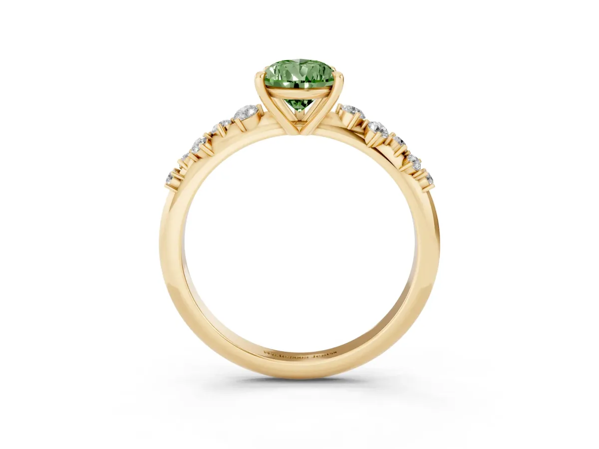 Fancy Green Pear Cut Diamond Cluster Side Stone Solitaire Ring with Prong Setting Yellow gold