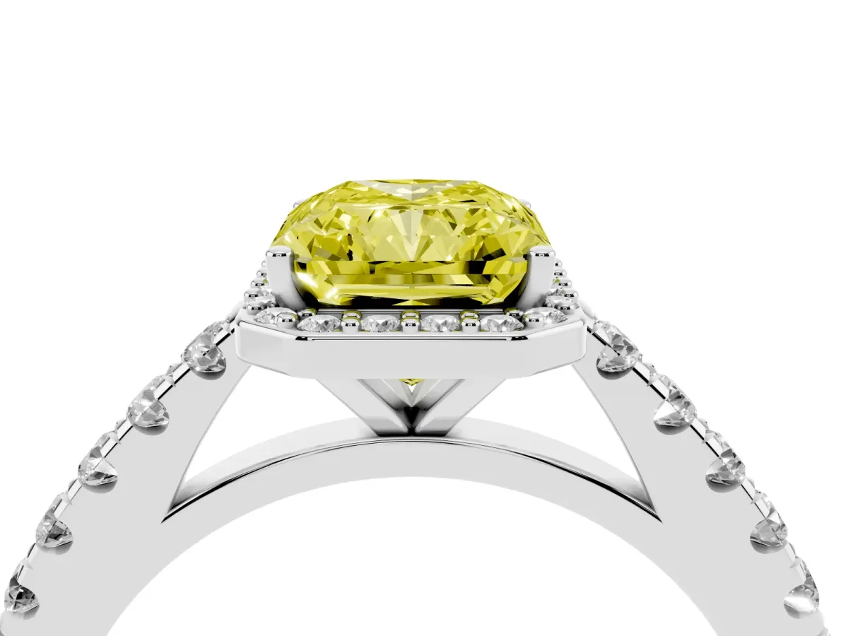 Fancy Yellow Radiant Cut Cut Halo Diamond Engagement Ring with Pave Band and Four-Prong Setting Platinum