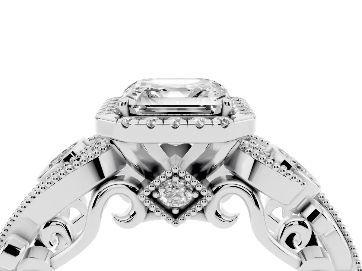 Asscher Cut Halo Diamond Ring with Milgrain and Bezel Accents on a Split Shank Band Platinum