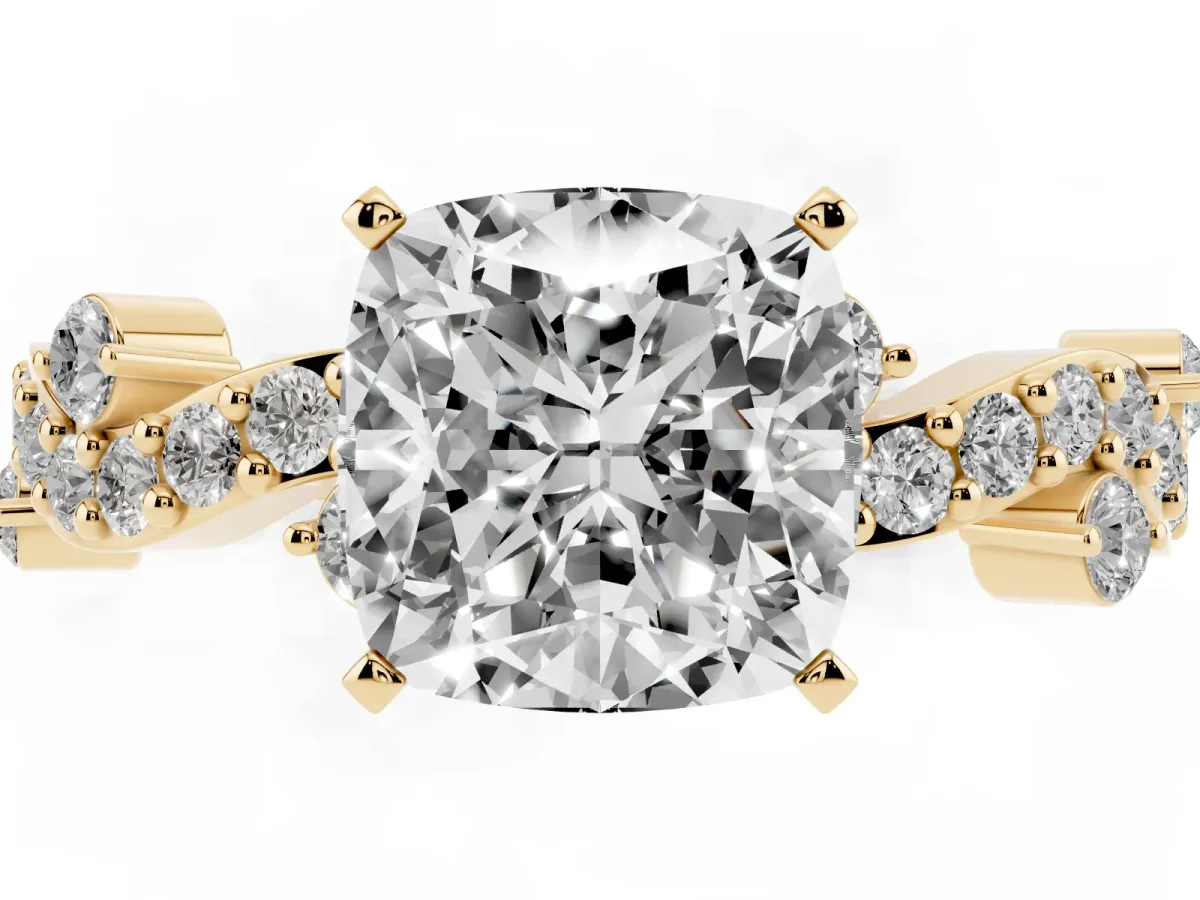 Cushion Cut Cut Solitaire Diamond Twisted Band with Pave Setting Yellow gold