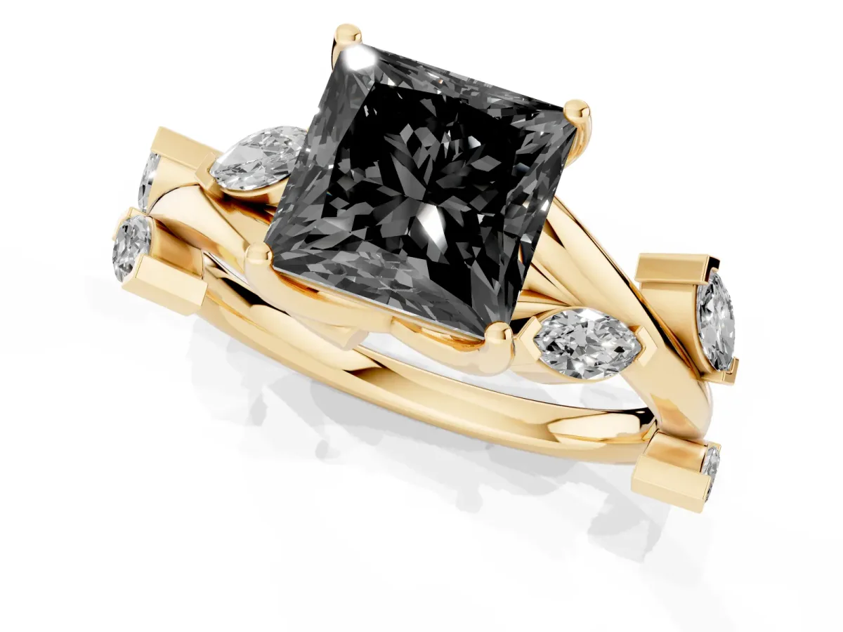 Fancy Black Princess Cut Solitaire Twisted Band Marquise Accent Prong Setting Ring Yellow gold