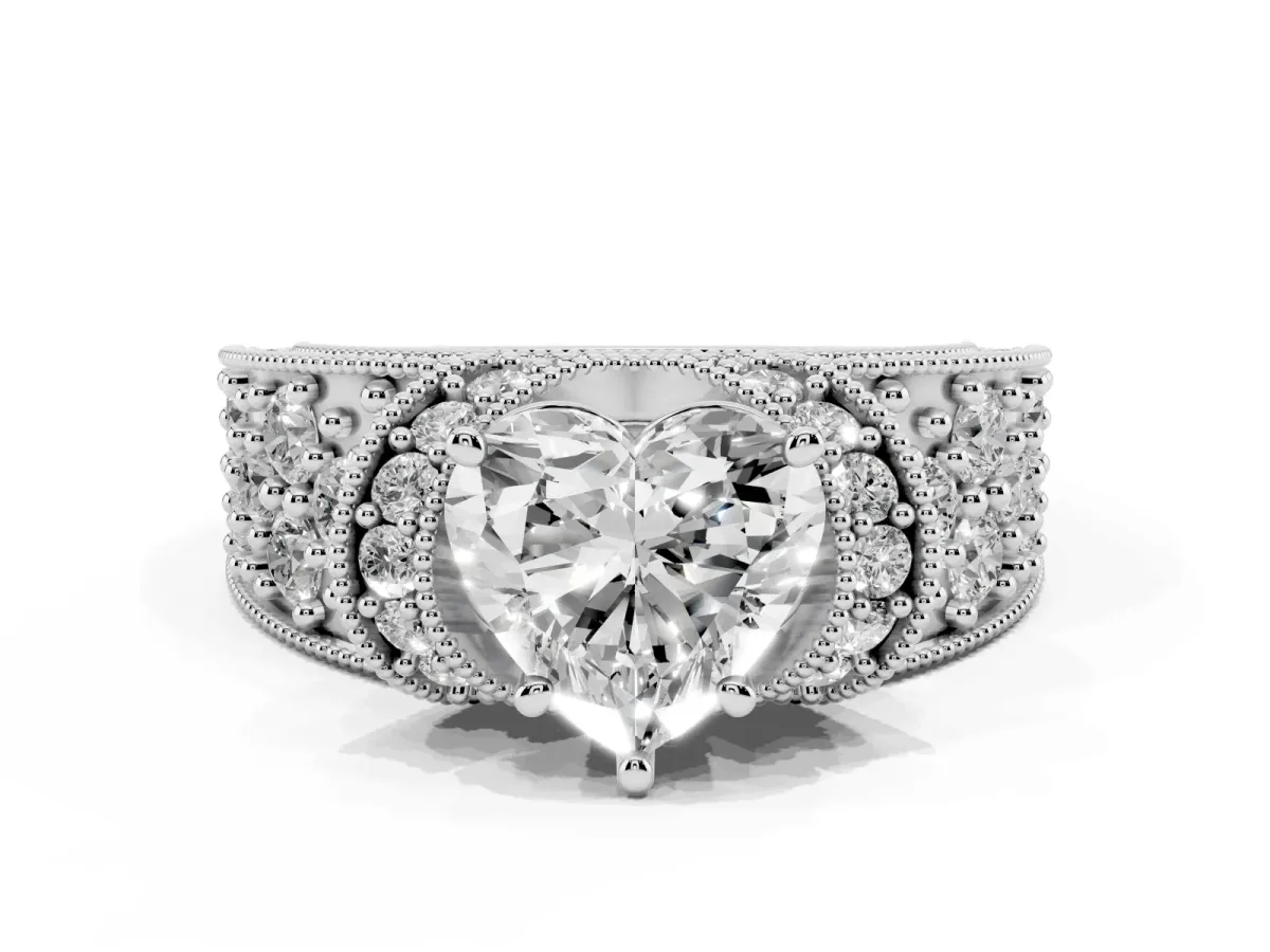 Heart Cut Halo Pave Diamond Engagement Ring with Milgrain Detailing Silver