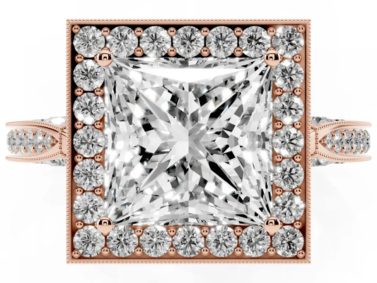 Princess Cut Halo Diamond Engagement Ring with Split Shank Band and Four-Prong Setting Rose gold