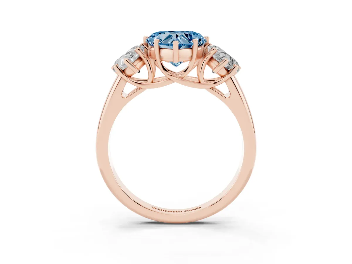 Fancy Blue Three-Stone Heart Cut Diamond Engagement Ring with Prong Setting Rose gold
