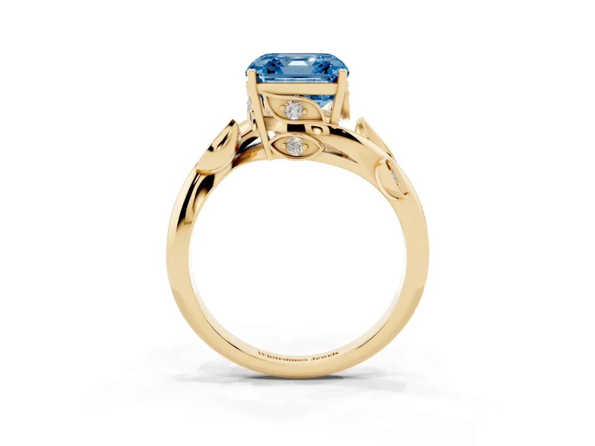 Fancy Blue Asscher Cut Solitaire Twist Engagement Ring with Leaf Accents and Prong Setting Yellow gold