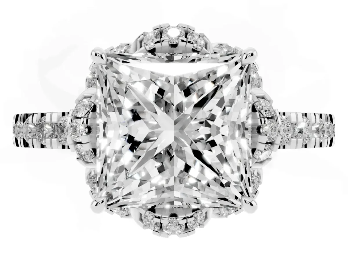 Princess Cut Halo Diamond Pave Band Ring with Four-Prong Setting Silver