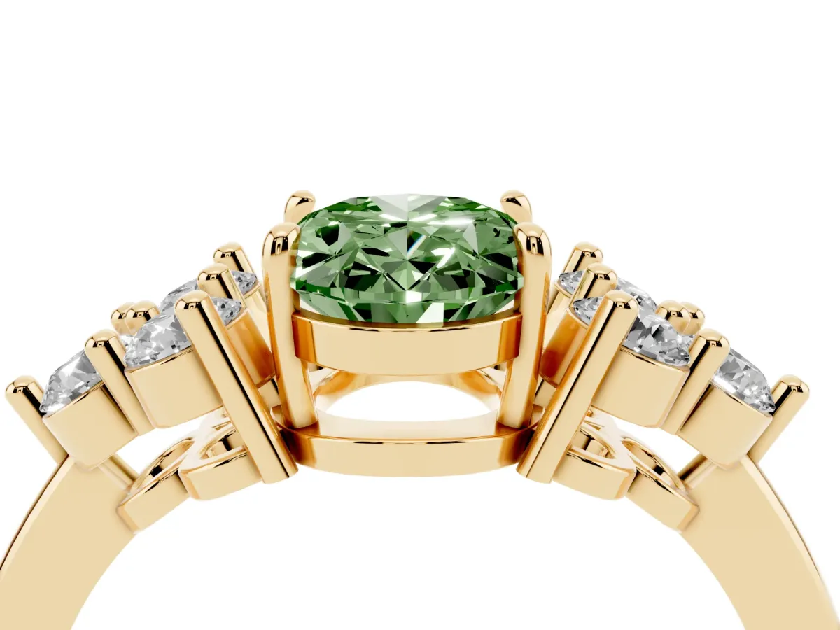 Fancy Green Oval Cut Brilliant Diamond Cluster Accent Solitaire Ring with Prong Setting Yellow gold