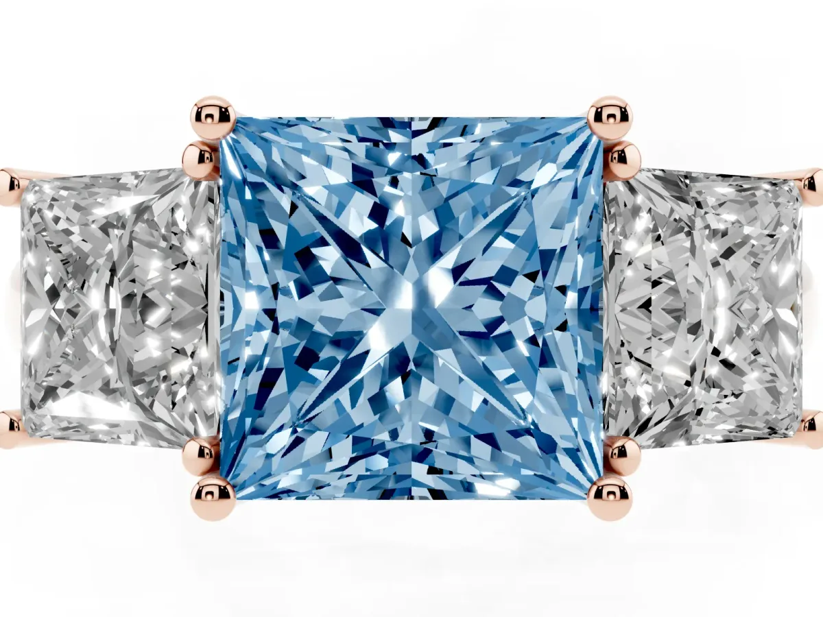 Fancy Blue Three-Stone Princess Cut Diamond Engagement Ring with Prong Setting Rose gold