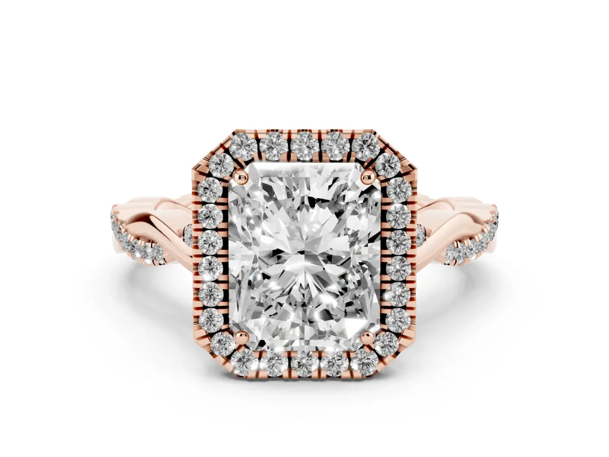 Radiant Cut Halo Twist Band Solitaire Ring Rose gold