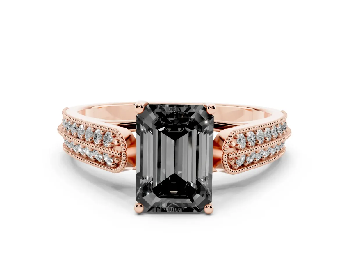 Fancy Black Emerald Cut Cut Pave Split Shank Engagement Ring with Four-Prong Setting Rose gold