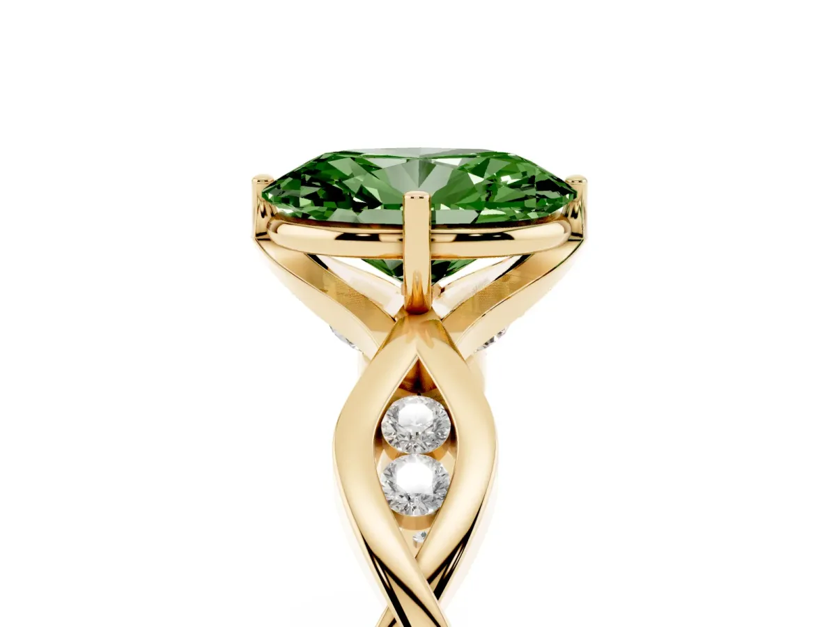 Fancy Green Oval Cut Solitaire Twist Band with Leaf Prong Setting Yellow gold