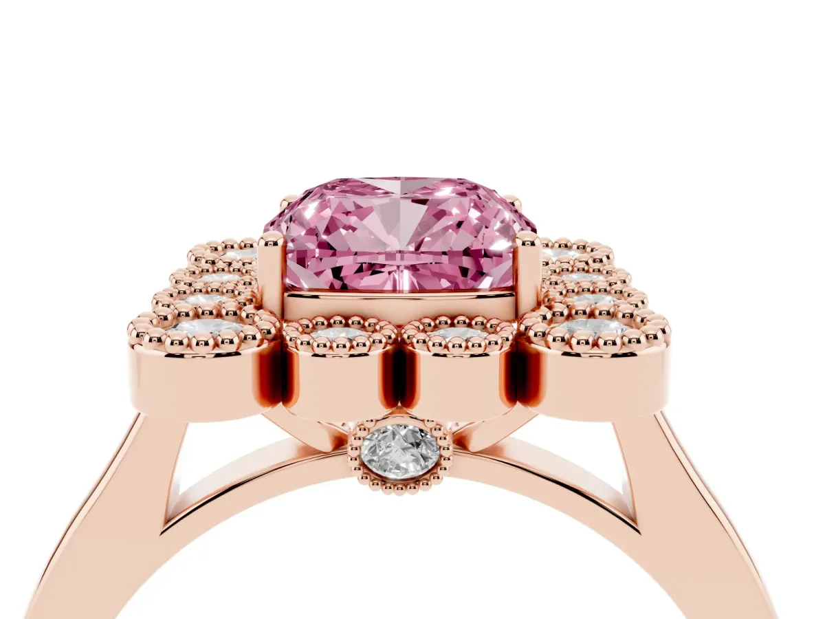 Fancy Pink Cushion Cut Halo Diamond Cluster Engagement Ring with Milgrain Bezel Setting and Solitaire Band Rose gold