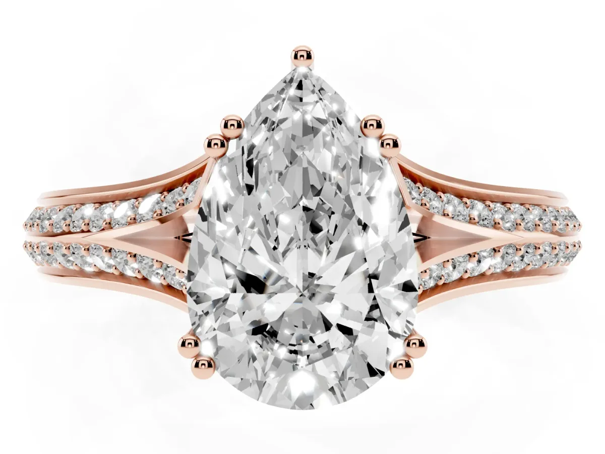 Pear Cut Diamond Split Shank Engagement Ring with Pavé Band Rose gold