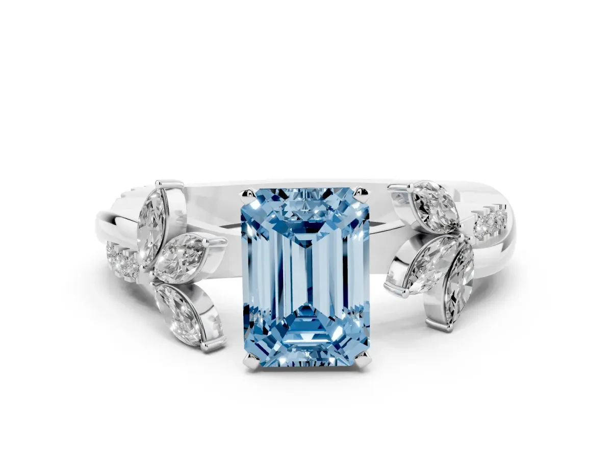 Fancy Blue Emerald Cut Diamond Floral Vine Solitaire Engagement Ring Platinum