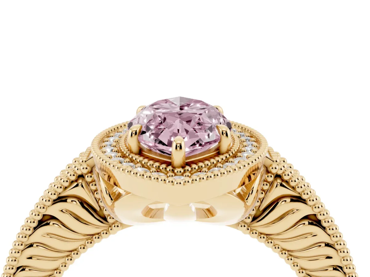 Fancy Pink Marquise Cut Cut Halo Diamond Ring with Pavé Band and Four-Prong Setting Yellow gold
