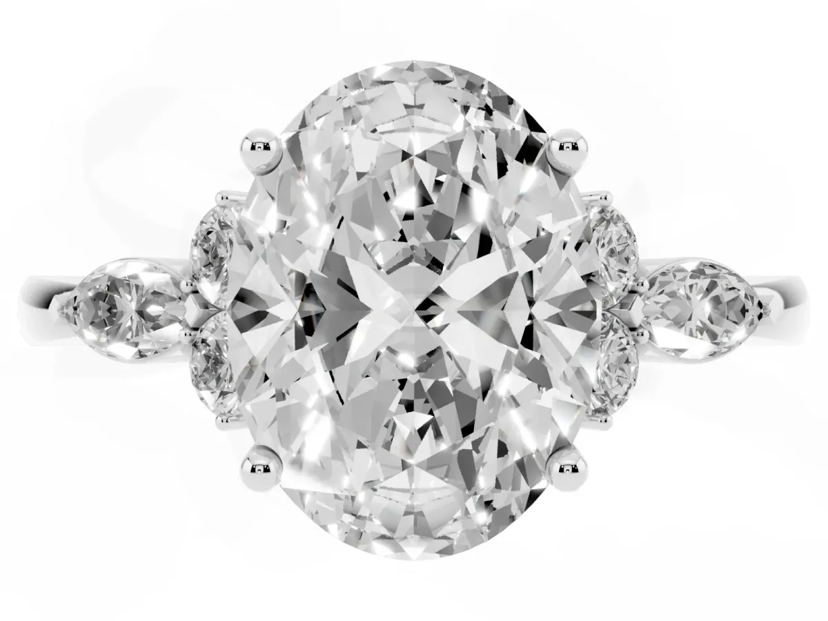 Oval Cut Brilliant Diamond Solitaire Ring with Pear Side Stones and Four-Prong Setting Silver