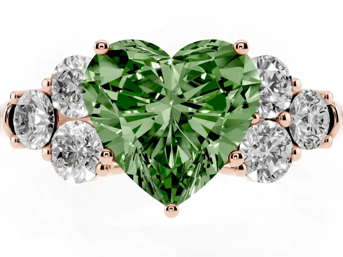 Fancy Green Heart Cut Cut Diamond Cluster Ring with Round Accent Stones and Prong Setting on a Classic Band Rose gold