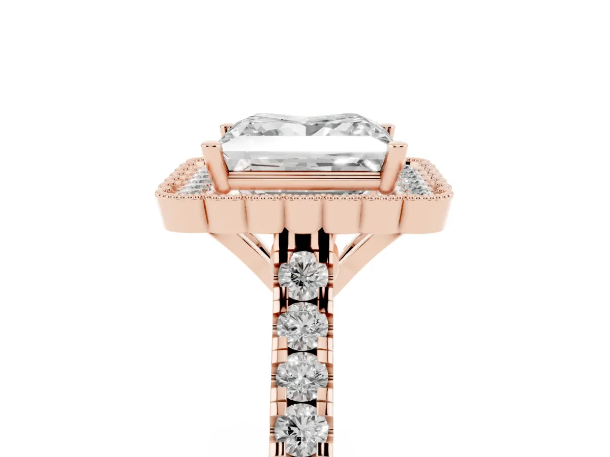 Princess Cut Cut Diamond Milgrain Floral Halo Engagement Ring with Pavé Band Rose gold
