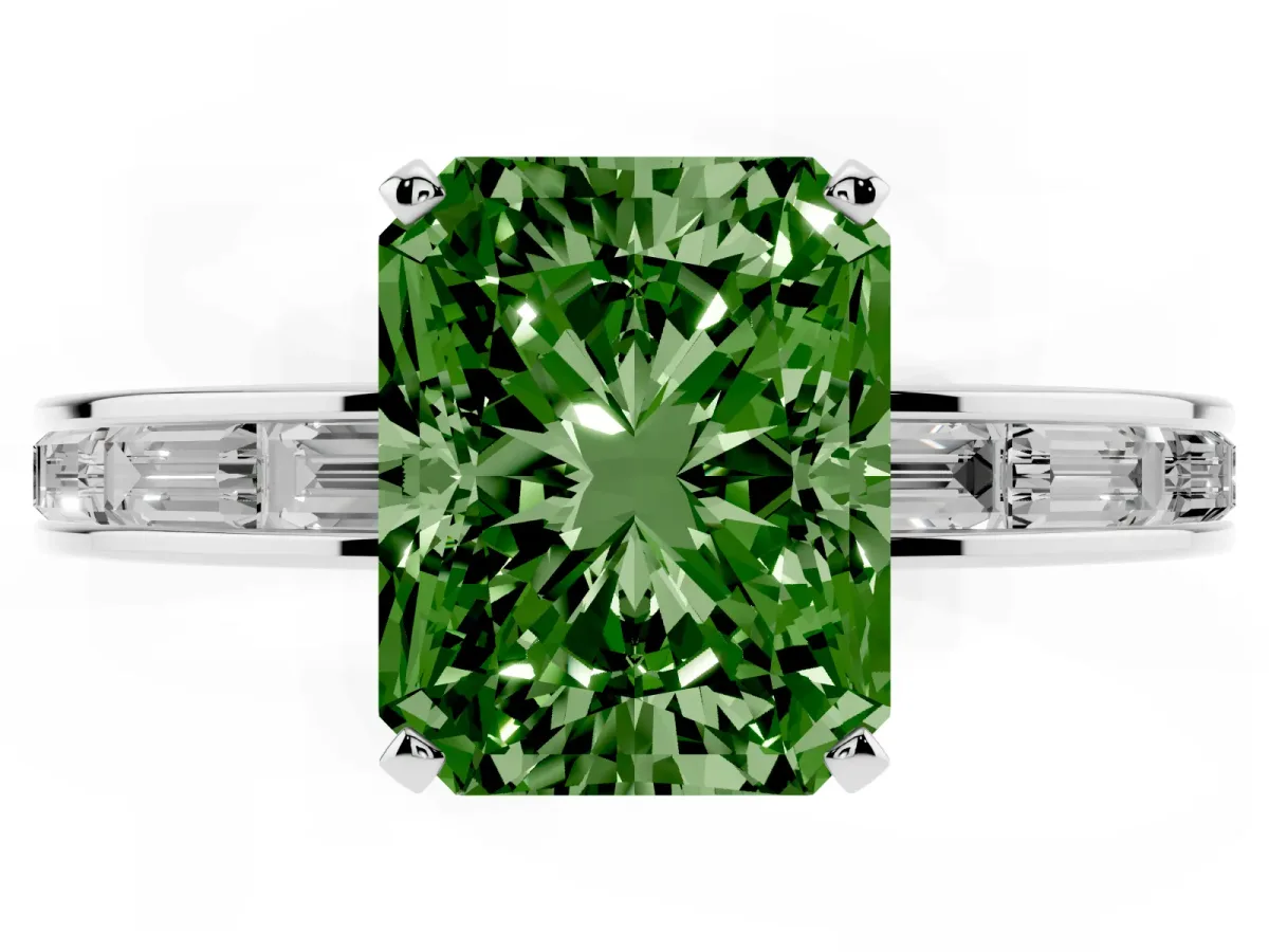 Fancy Green Radiant Cut Solitaire Diamond Ring with Channel-Set Baguette Band and Four-Prong Setting Silver