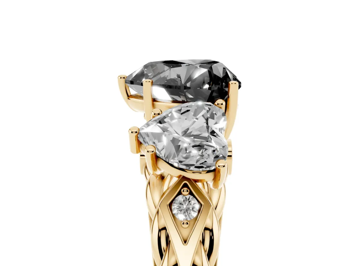 Fancy Black Three-Stone Heart Cut Diamond Braided Band Ring with Four-Prong Setting Yellow gold