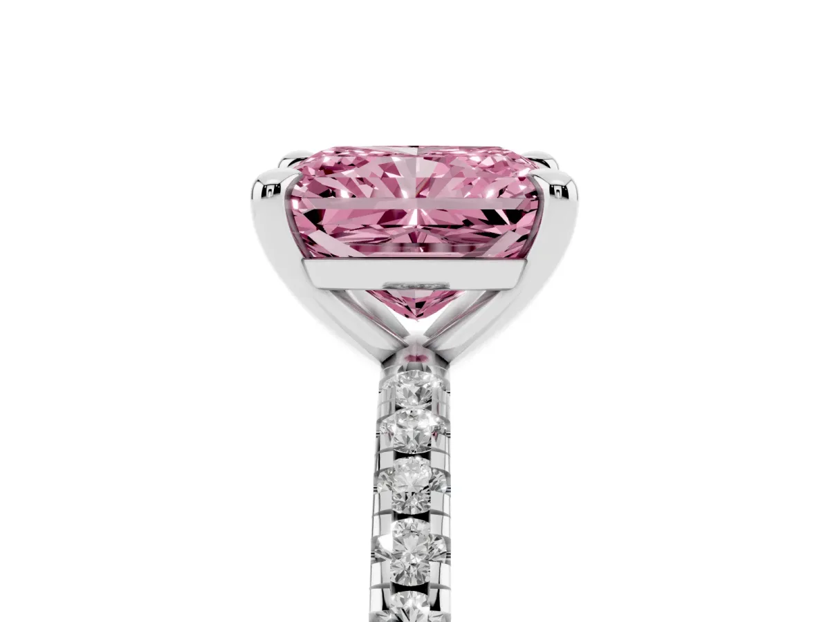 Fancy Pink Radiant Cut Diamond Brilliant Solitaire Ring with Pavé Band and Four-Prong Setting Platinum