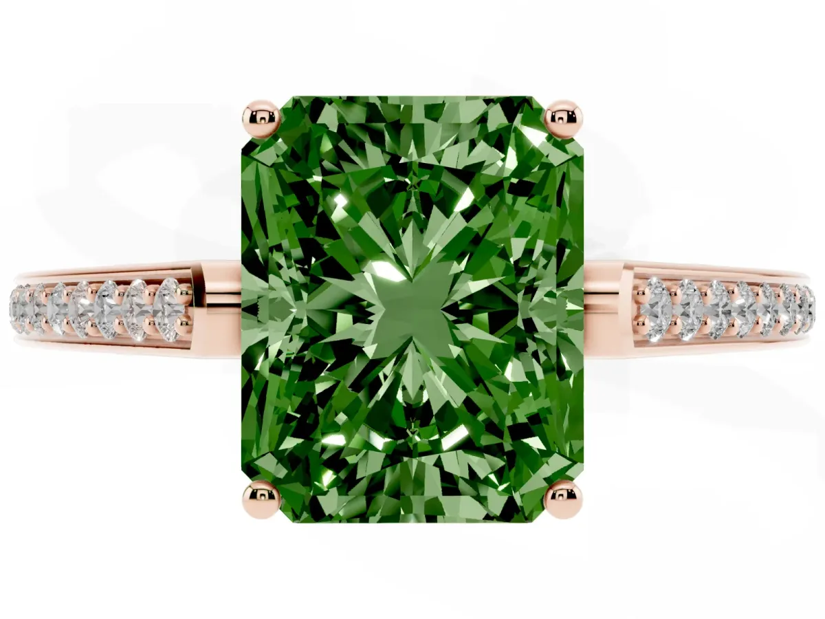 Fancy Green Radiant Cut Cut Cathedral Pave Diamond Engagement Ring with Six-Prong Setting Rose gold