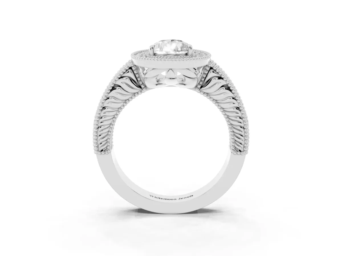 Pear Cut Cut Halo Diamond Ring with Pavé Band and Four-Prong Setting Silver