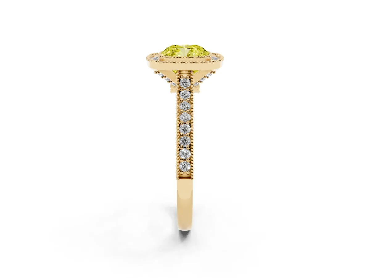 Fancy Yellow Halo Cushion Cut-Cut Diamond Pave Band Milgrain Prong Setting Ring Yellow gold