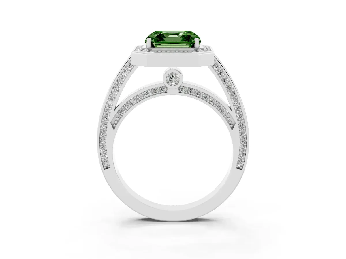 Fancy Green Asscher Cut Cut Halo Pave Split Shank Prong Setting Ring Silver